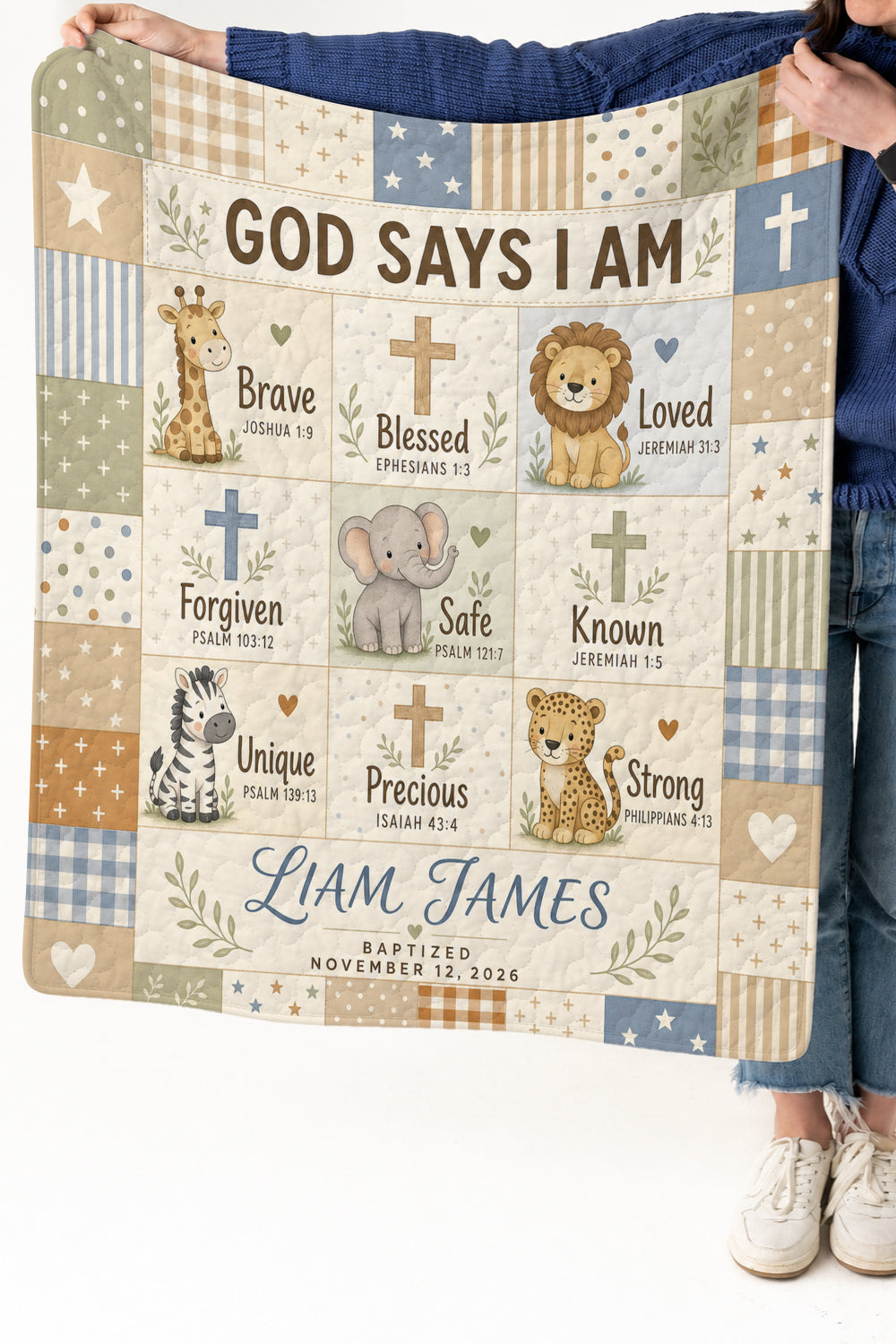Personalized Baptism Safari Animals Quilt Blanket