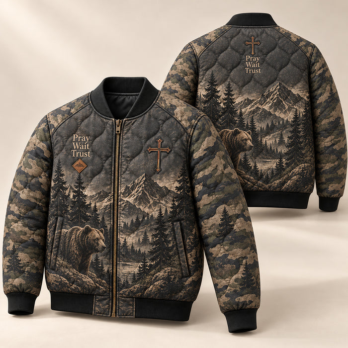 Pray Wait Trust Camo Bear Quilted Bomber Jacket