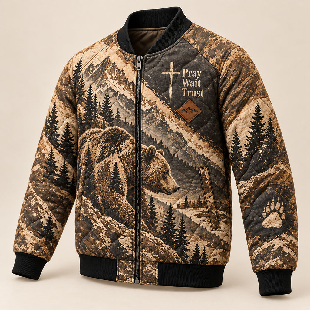 Pray Wait Trust Grizzly Bear Quilted Bomber Jacket