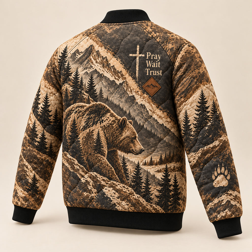 Pray Wait Trust Grizzly Bear Quilted Bomber Jacket – view 4