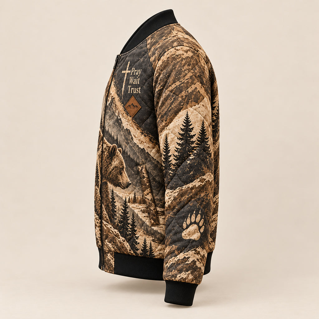 Pray Wait Trust Grizzly Bear Quilted Bomber Jacket