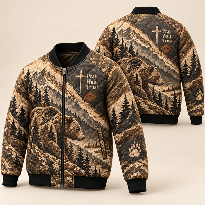 Pray Wait Trust Grizzly Bear Quilted Bomber Jacket