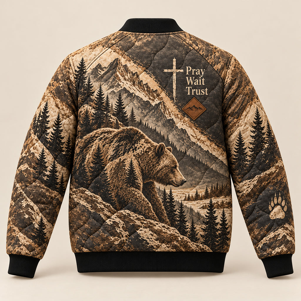 Pray Wait Trust Grizzly Bear Quilted Bomber Jacket