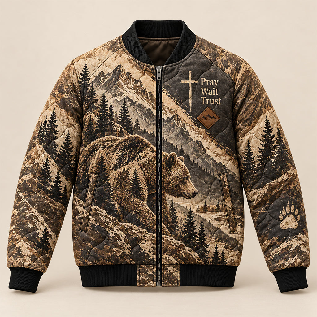 Pray Wait Trust Grizzly Bear Quilted Bomber Jacket
