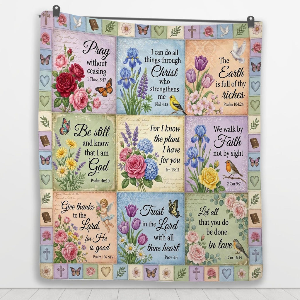 Printed Quilt Blanket Bible Verse Patchwork Vintage Floral Bedding