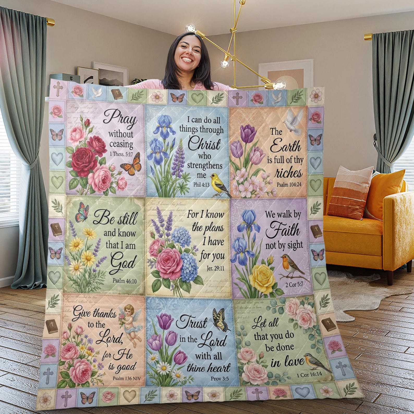 Printed Quilt Blanket Bible Verse Patchwork Vintage Floral Bedding