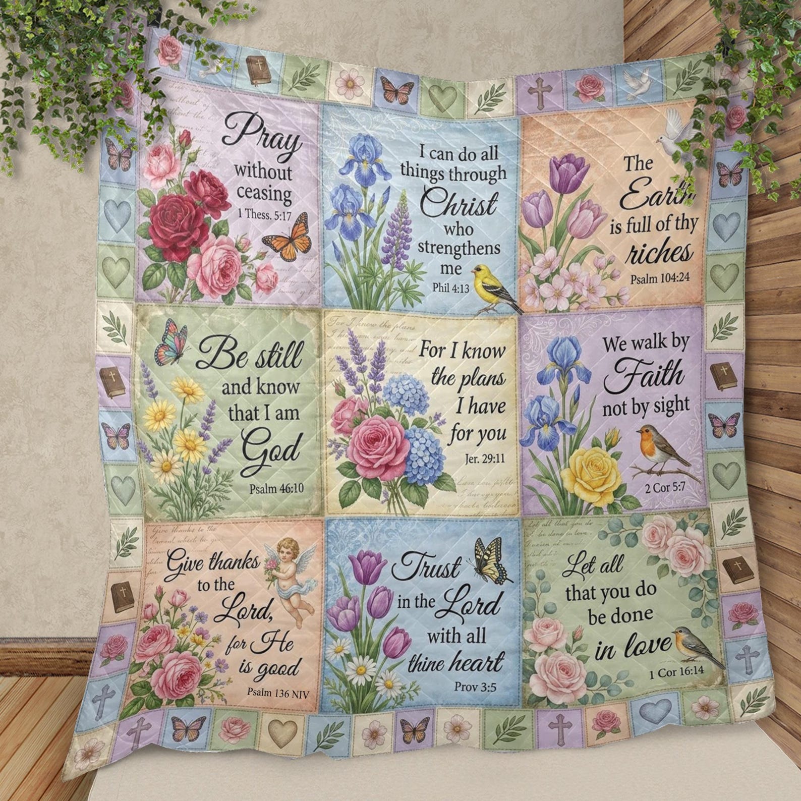 Printed Quilt Blanket Bible Verse Patchwork Vintage Floral Bedding