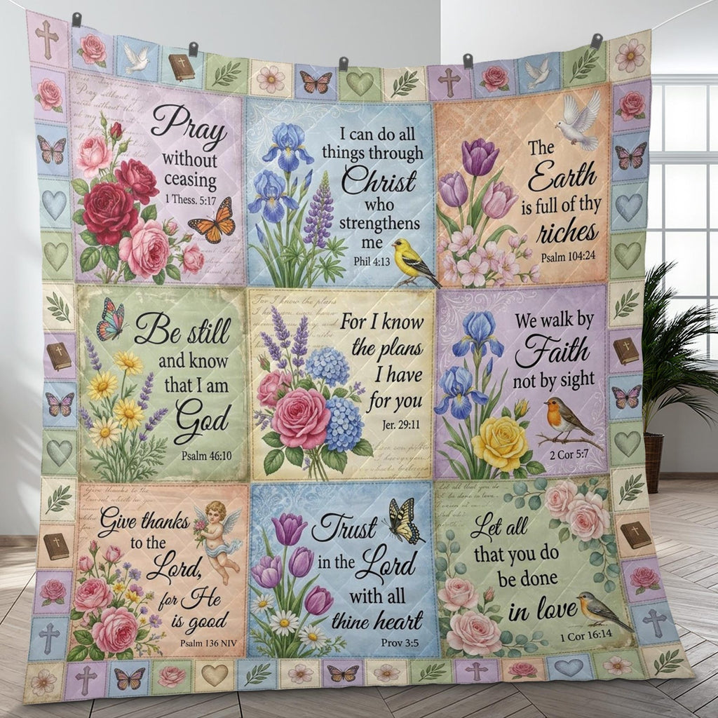 Printed Quilt Blanket Bible Verse Patchwork Vintage Floral Bedding