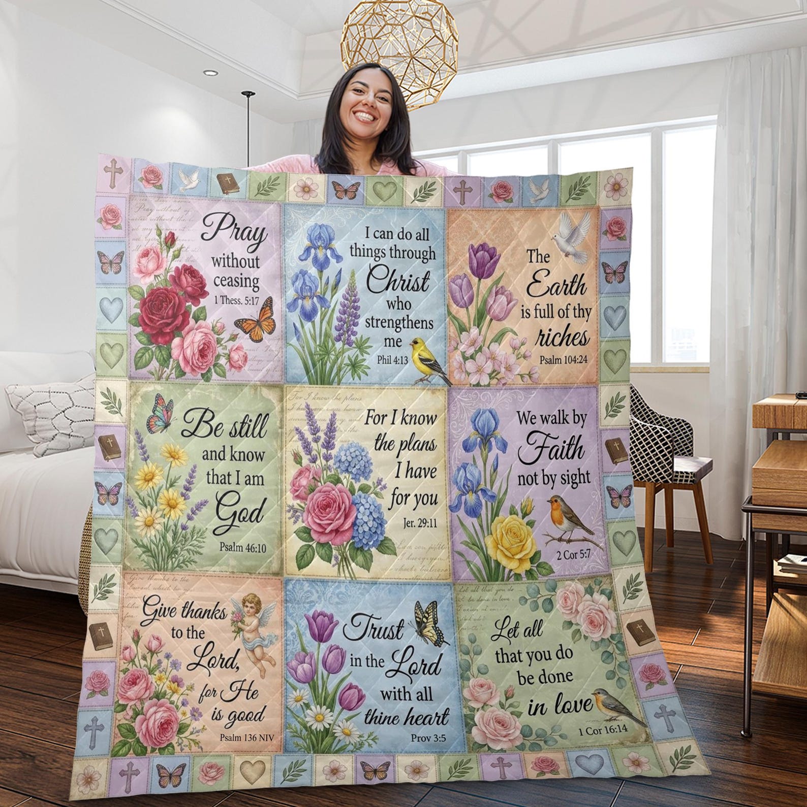 Printed Quilt Blanket Bible Verse Patchwork Vintage Floral Bedding