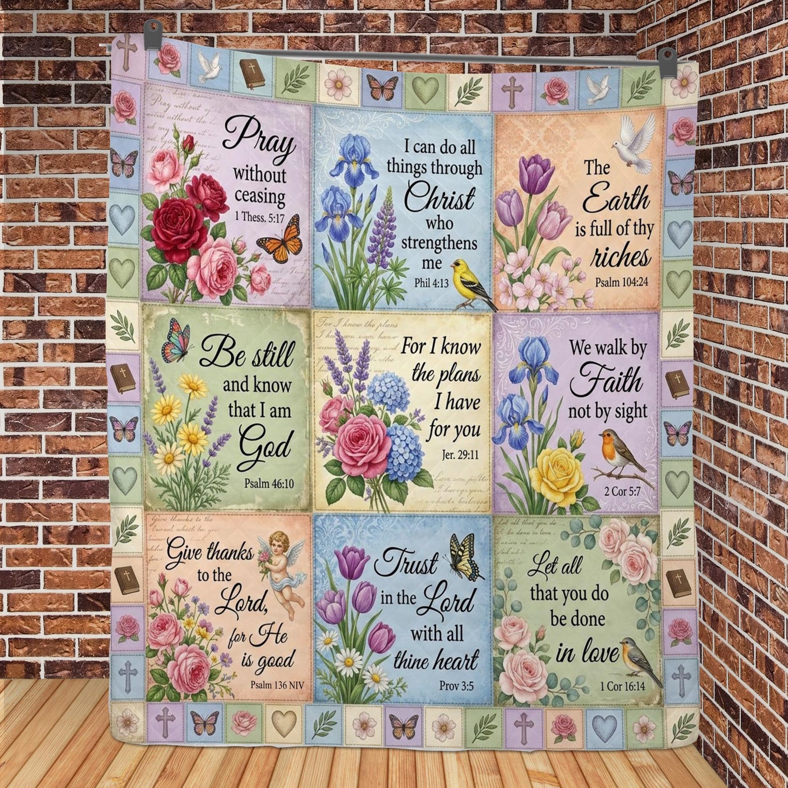Printed Quilt Blanket Bible Verse Patchwork Vintage Floral Bedding