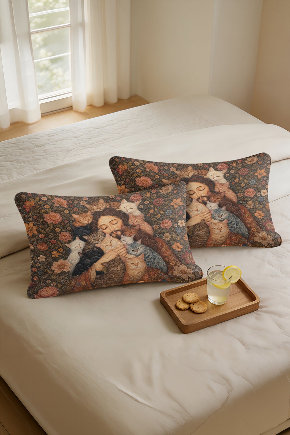 Renaissance Jesus with Cats Art Quilt Pillows