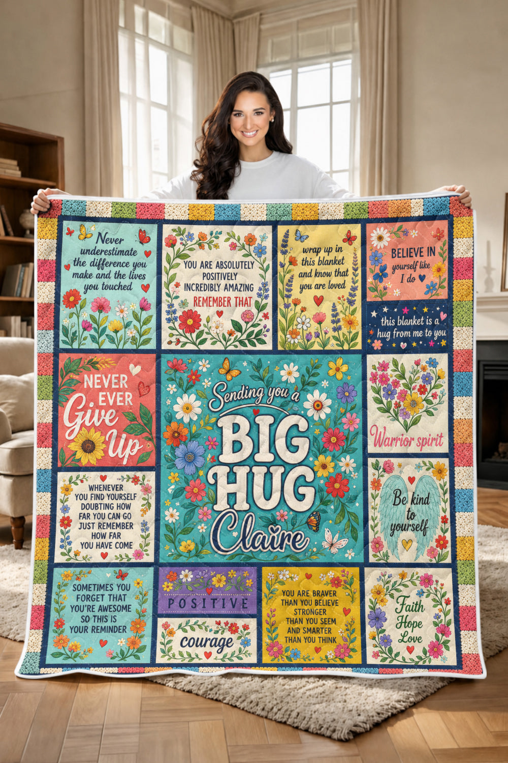 Sending Big Hug Colorful Floral Quilt Blanket