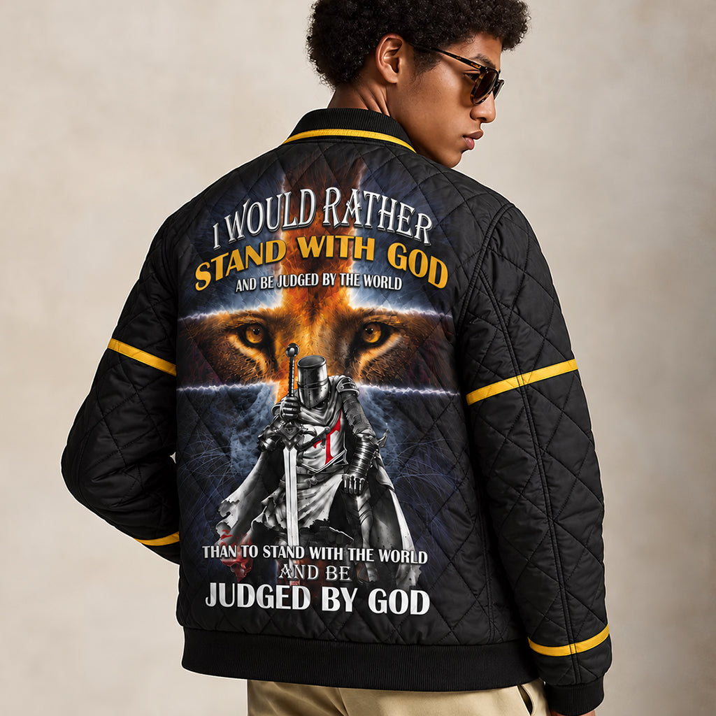 Stand With God Templar Knight Lion Quilted Bomber Jacket – view 1