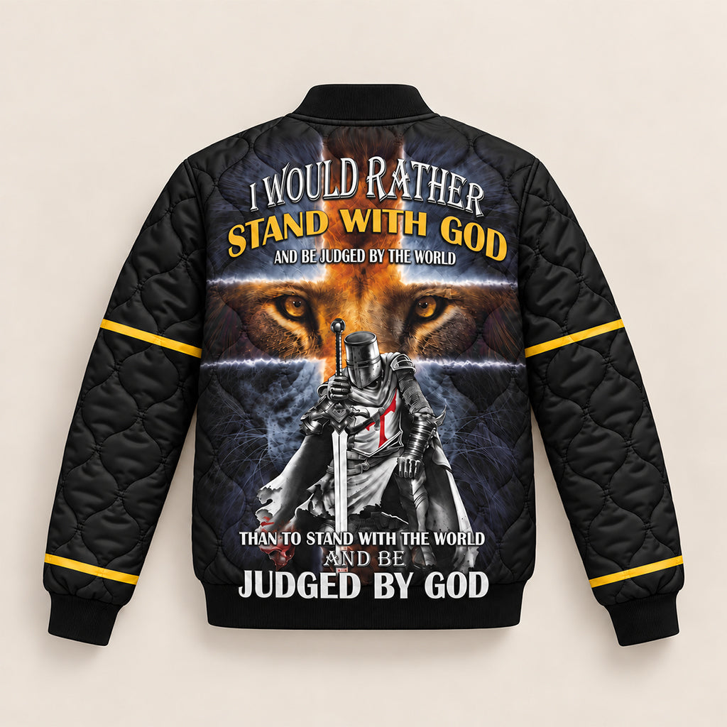 Stand With God Templar Knight Lion Quilted Bomber Jacket – view 2