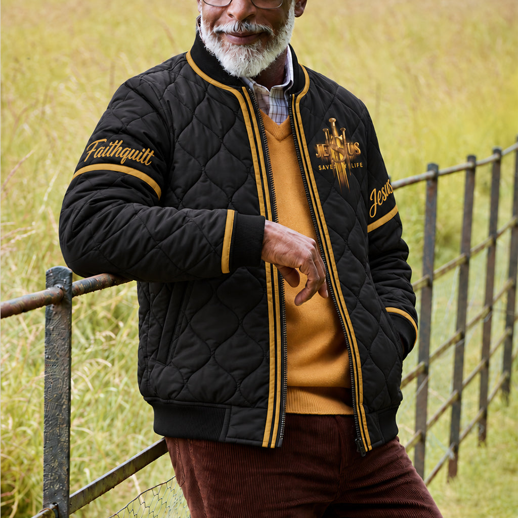Stand With God Templar Knight Lion Quilted Bomber Jacket – view 3