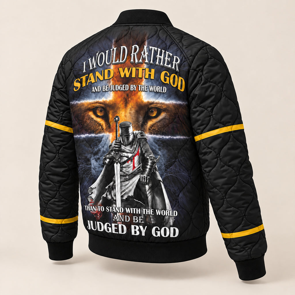 Stand With God Templar Knight Lion Quilted Bomber Jacket – view 8