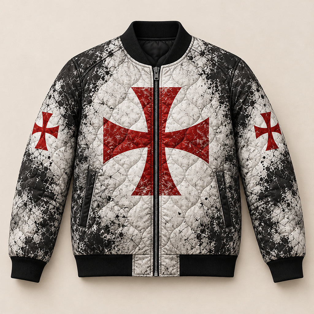 Templar Cross Keep Fighting Quilted Bomber Jacket