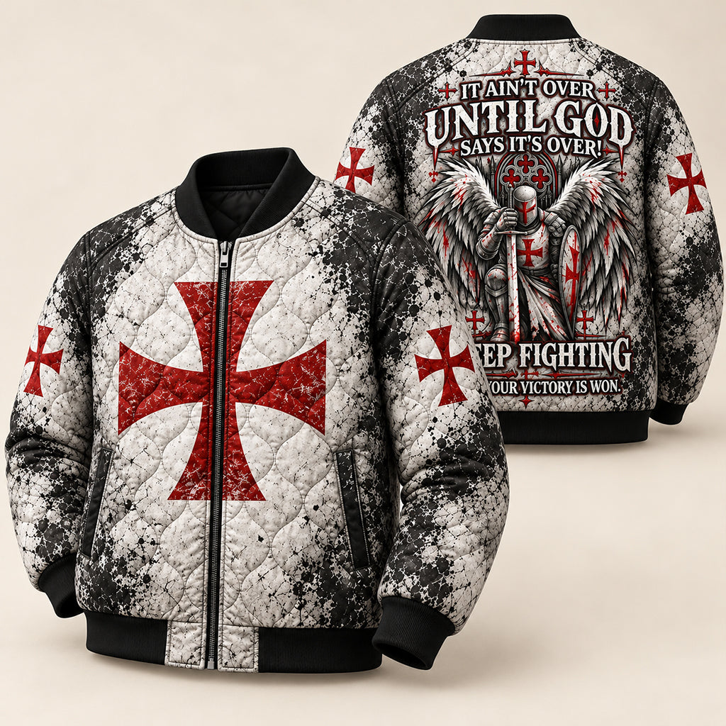 Templar Cross Keep Fighting Quilted Bomber Jacket