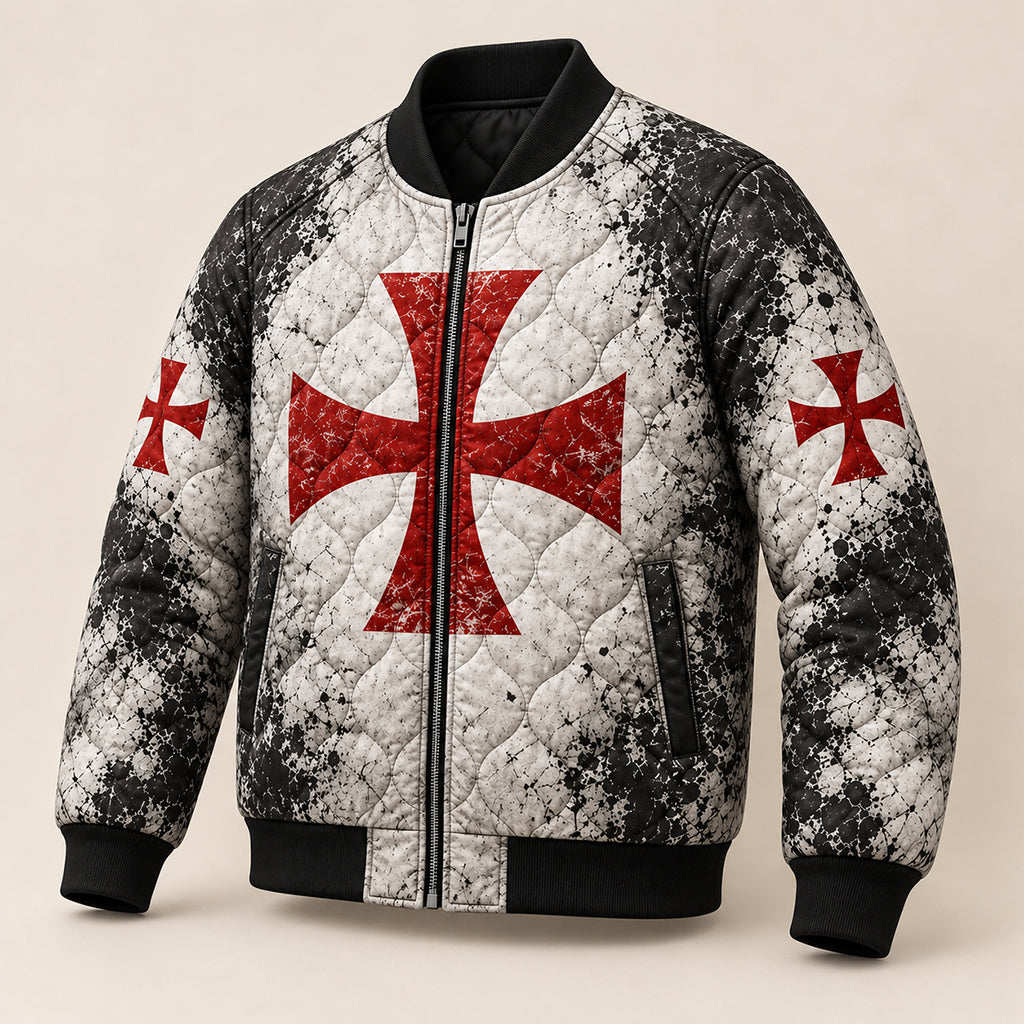 Templar Cross Keep Fighting Quilted Bomber Jacket