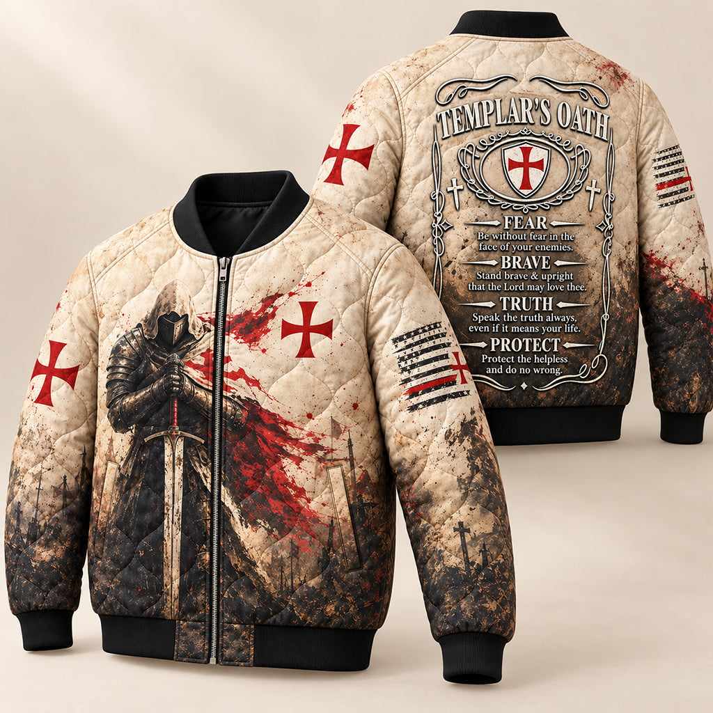 Templar Oath Praying Knight Quilted Bomber Jacket