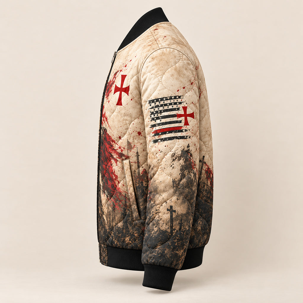 Templar Oath Praying Knight Quilted Bomber Jacket