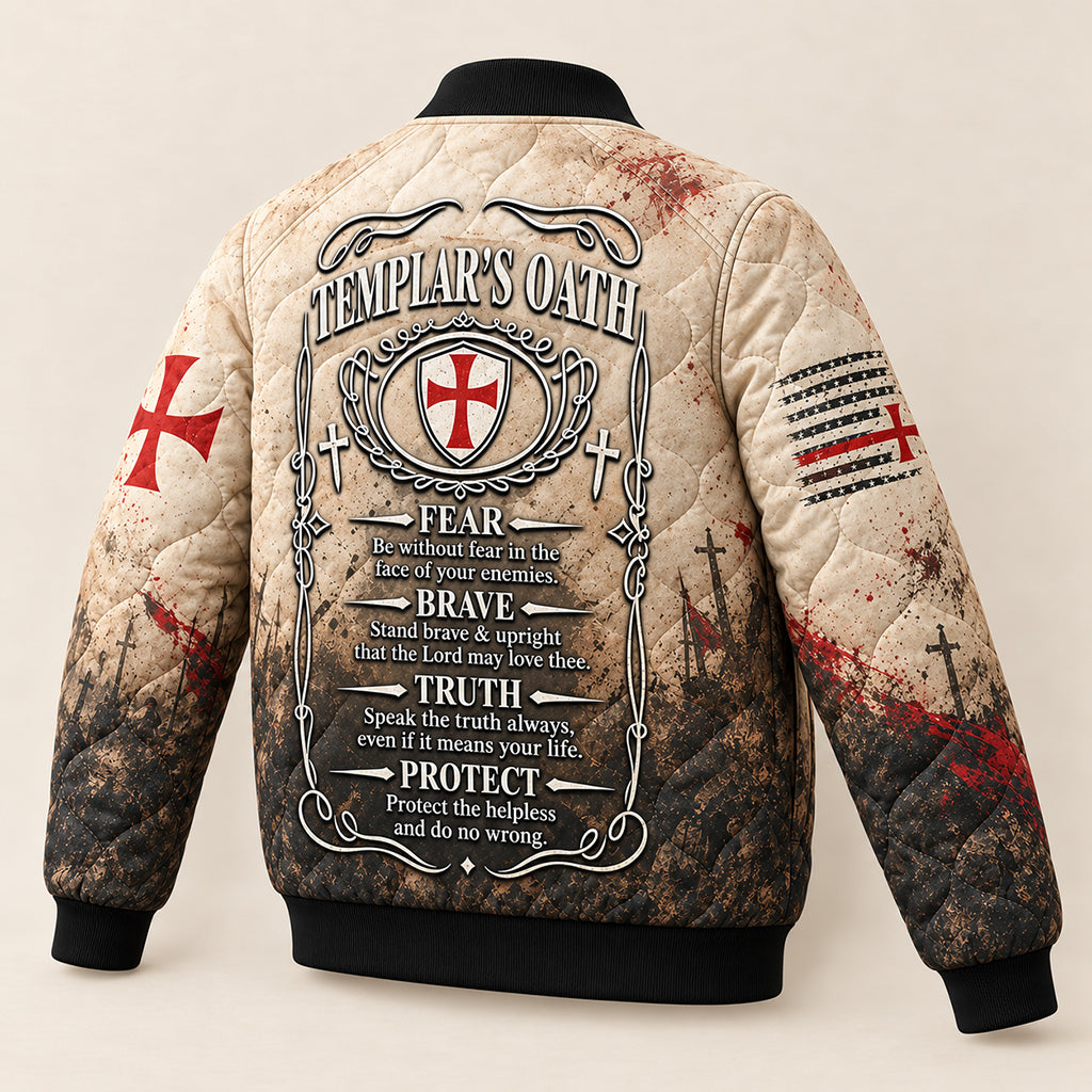 Templar Oath Praying Knight Quilted Bomber Jacket