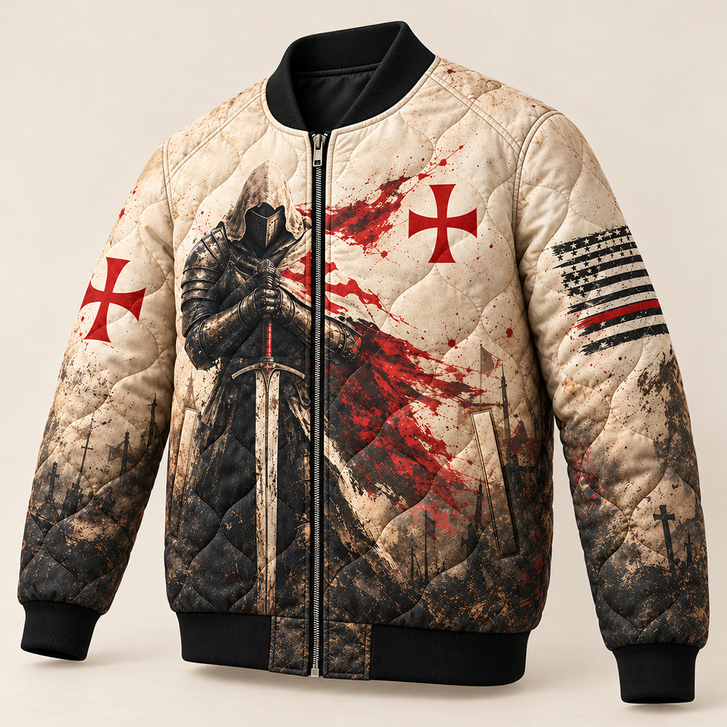 Templar Oath Praying Knight Quilted Bomber Jacket – view 6