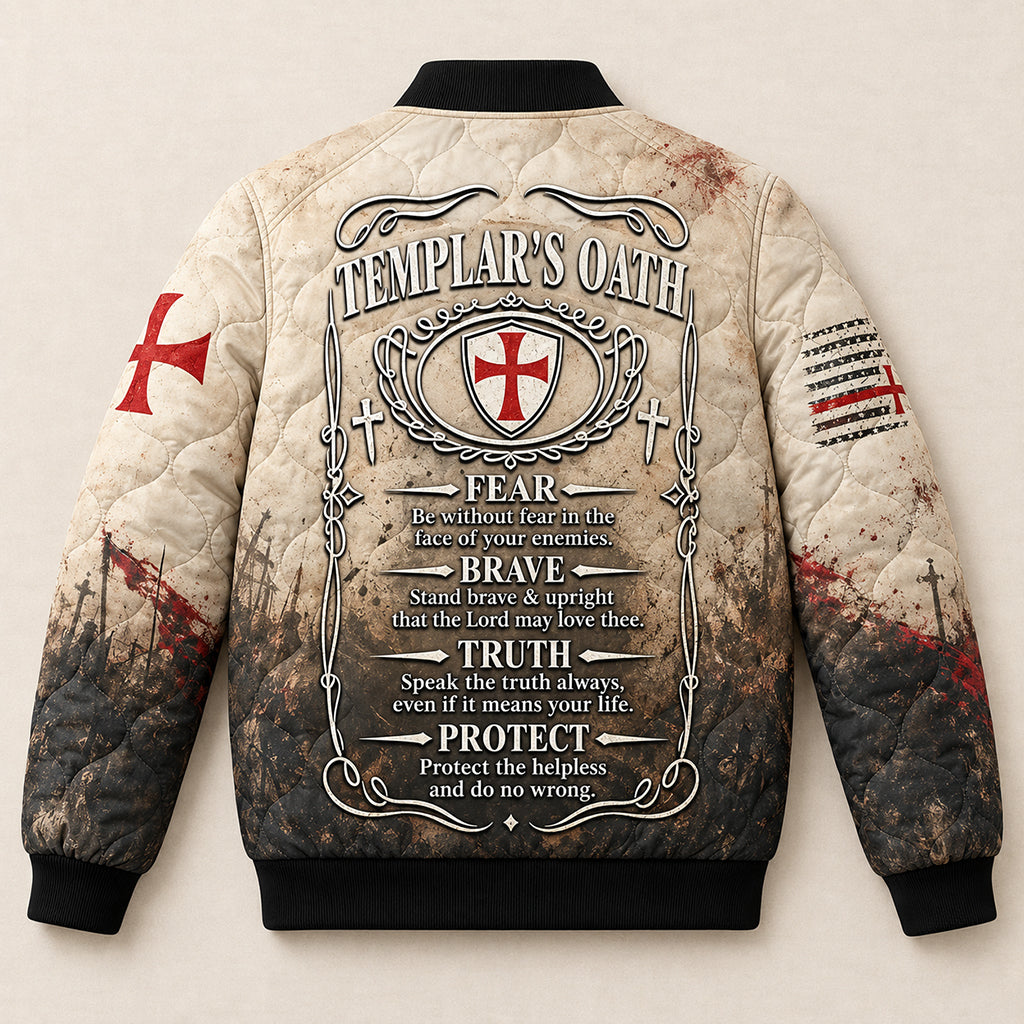 Templar Oath Praying Knight Quilted Bomber Jacket