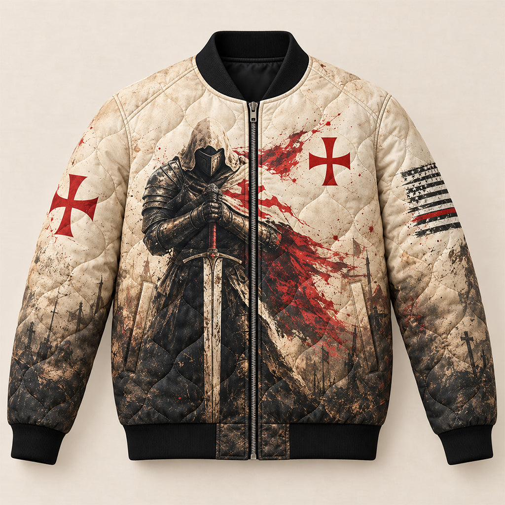 Templar Oath Praying Knight Quilted Bomber Jacket