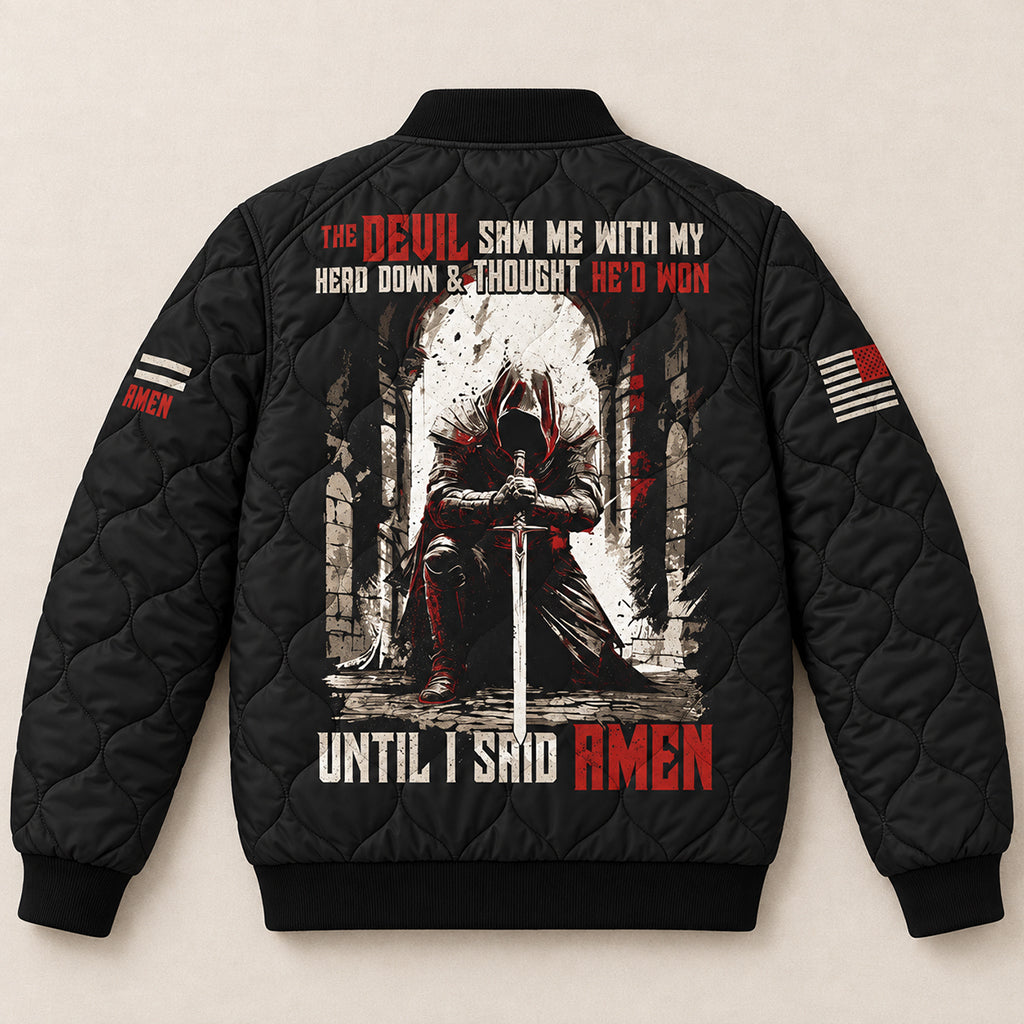 Until I Said Amen Praying Knight Quilted Bomber Jacket – view 8