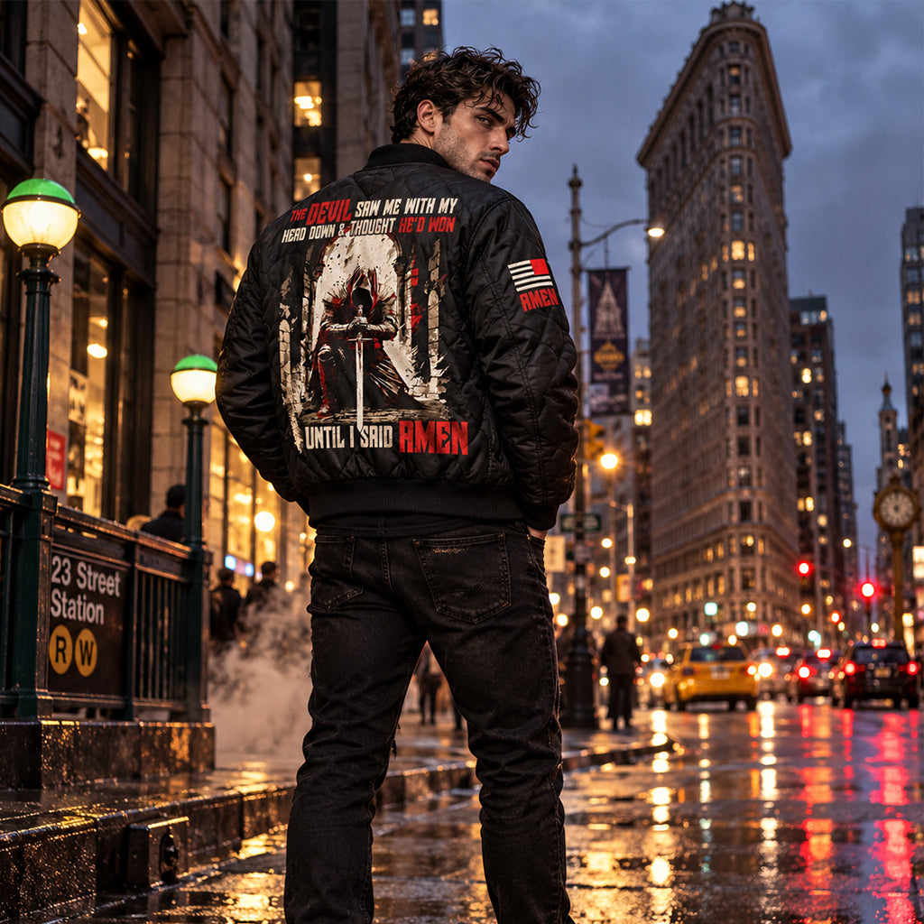 Until I Said Amen Praying Knight Quilted Bomber Jacket – view 2