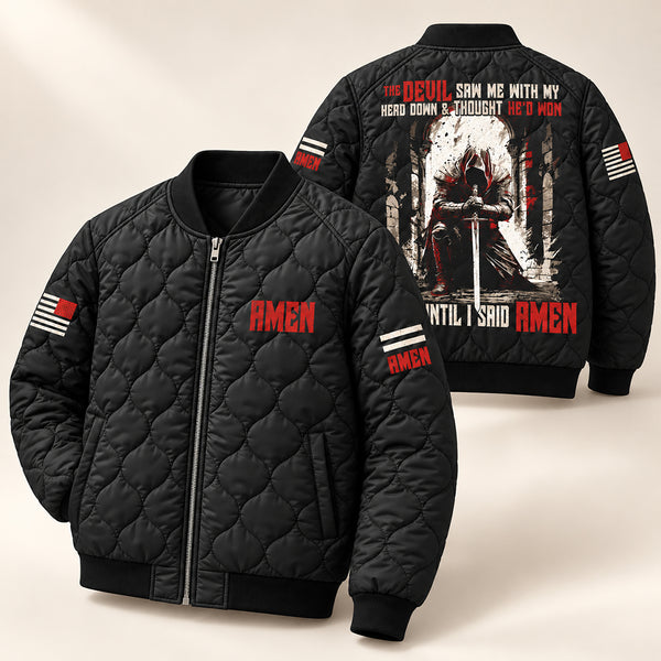Until I Said Amen Praying Knight Quilted Bomber Jacket