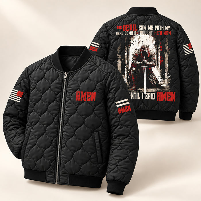 Until I Said Amen Praying Knight Quilted Bomber Jacket