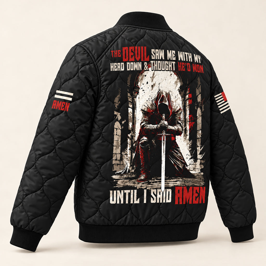 Until I Said Amen Praying Knight Quilted Bomber Jacket