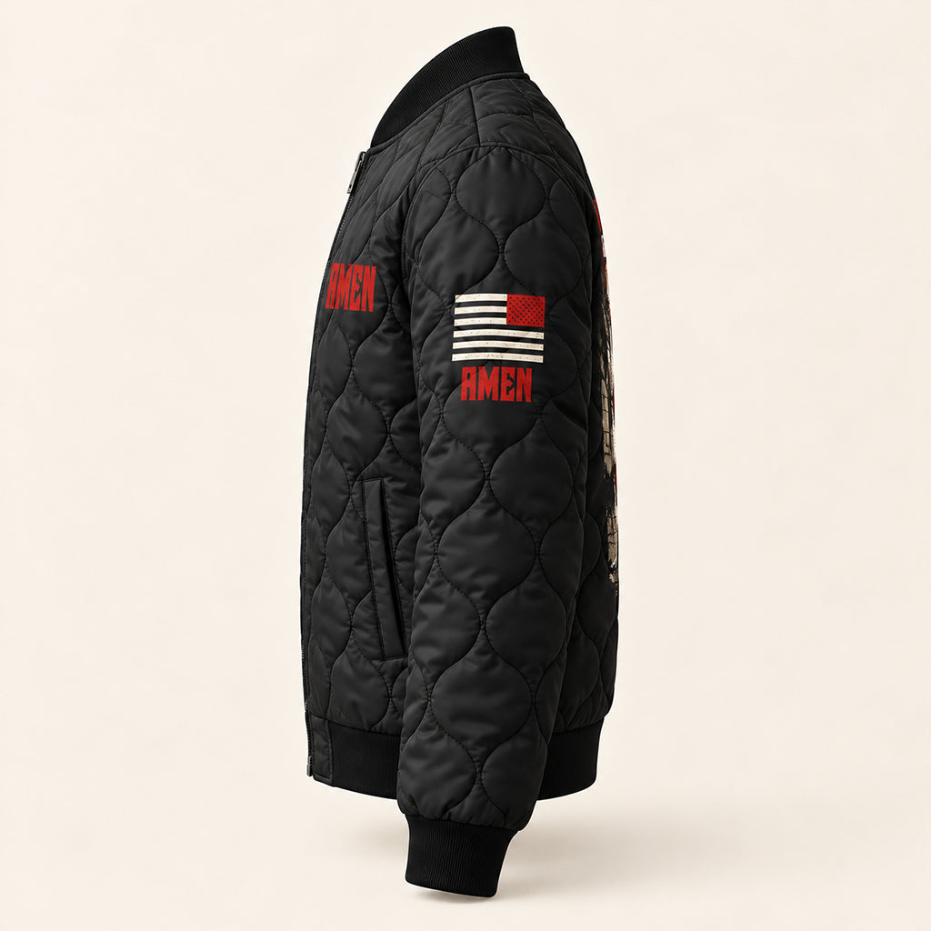 Until I Said Amen Praying Knight Quilted Bomber Jacket – view 4