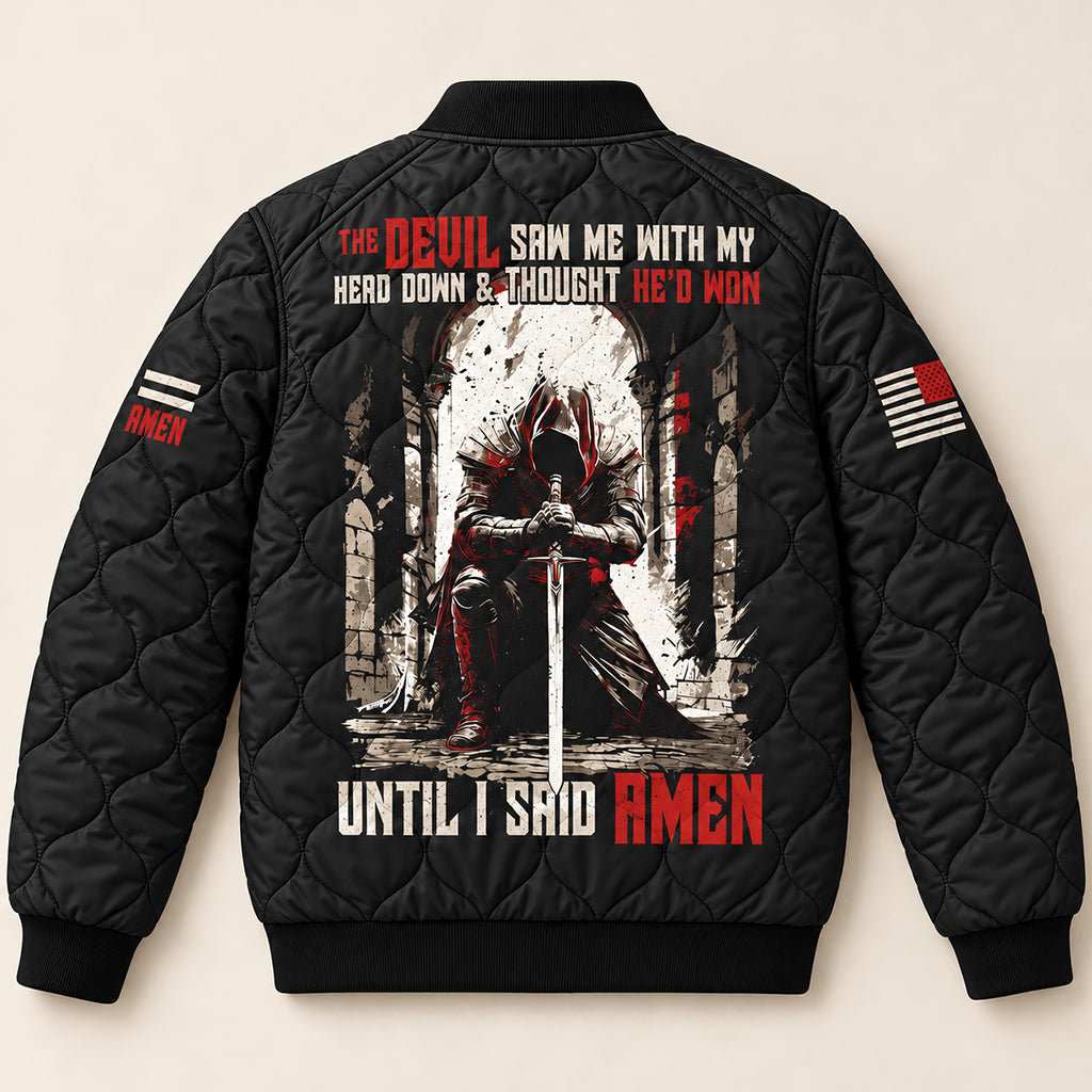 Until I Said Amen Praying Knight Quilted Bomber Jacket – view 6