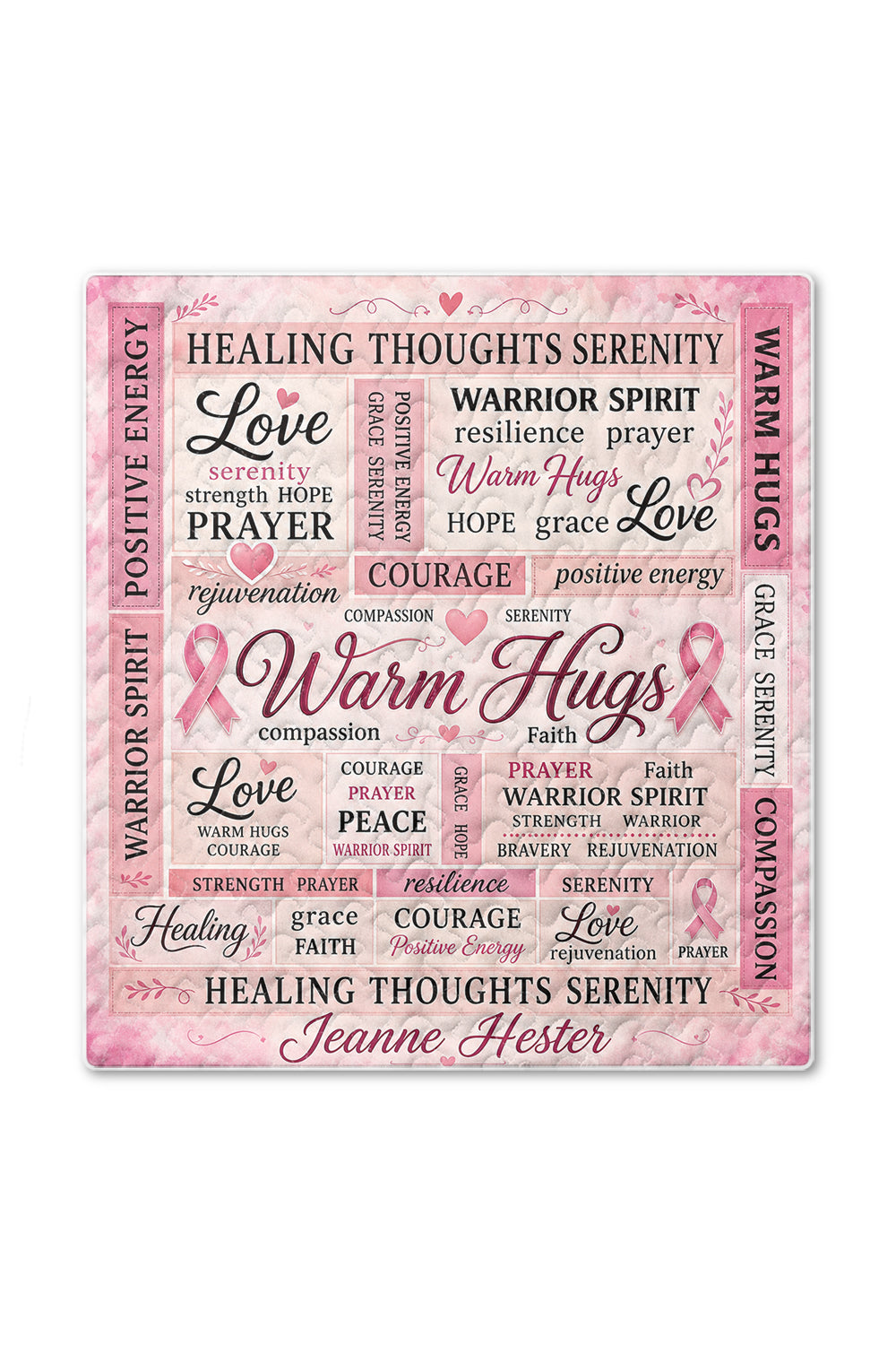 Warm Hugs Pink Word Collage Quilt Blanket