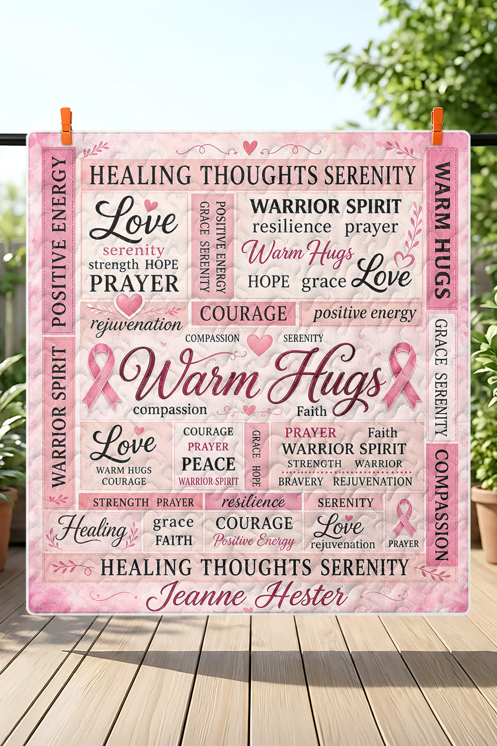 Warm Hugs Pink Word Collage Quilt Blanket