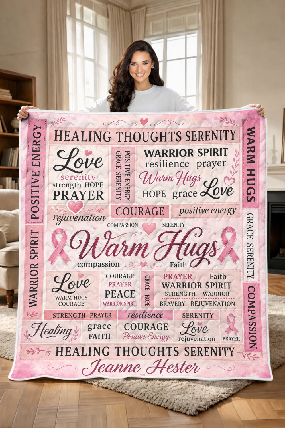 Warm Hugs Pink Word Collage Quilt Blanket