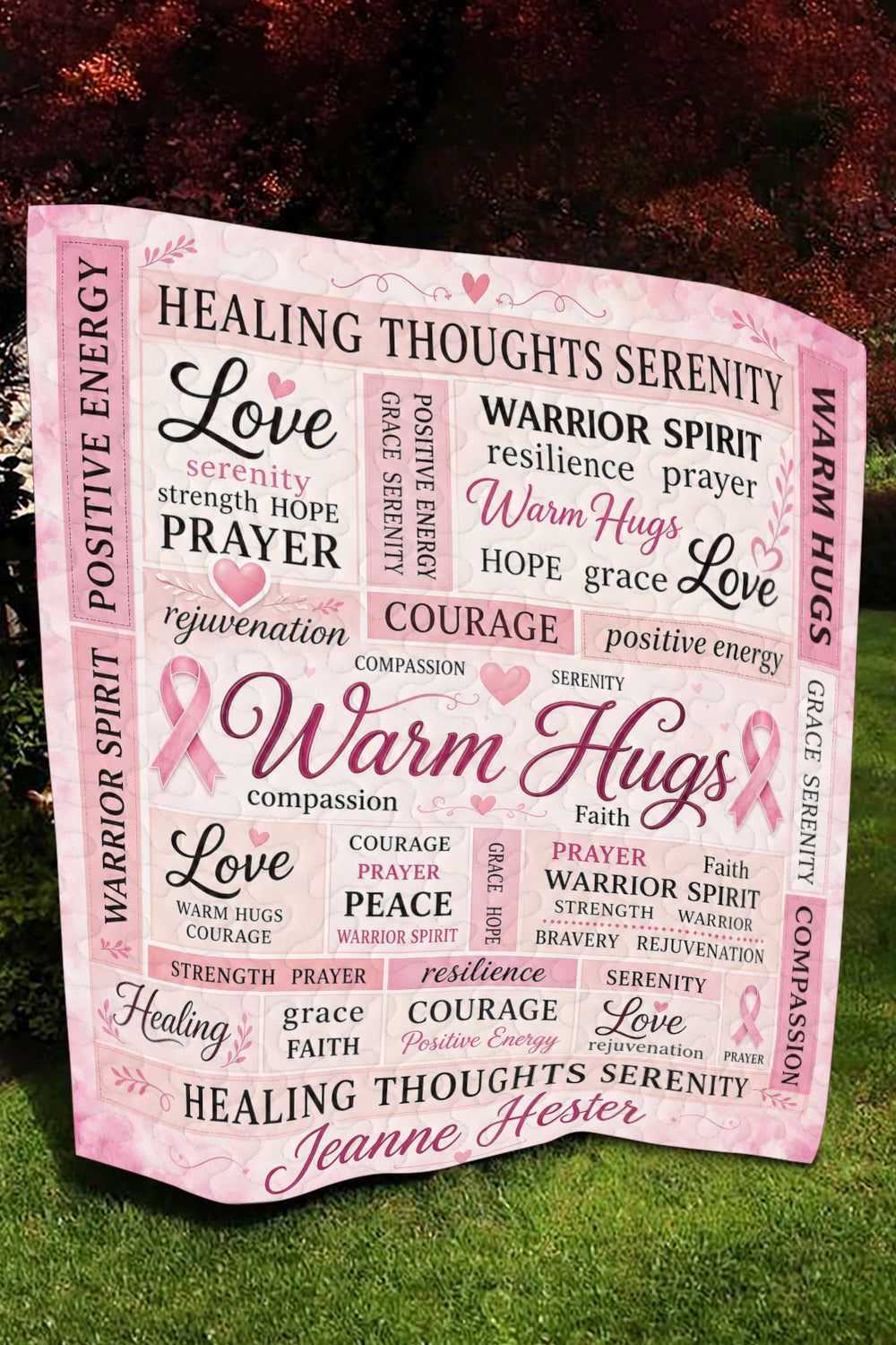 Warm Hugs Pink Word Collage Quilt Blanket