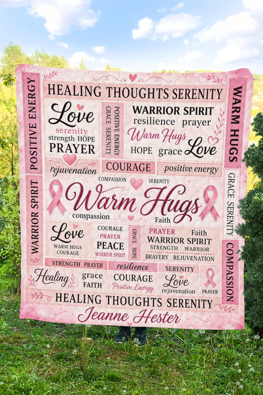 Warm Hugs Pink Word Collage Quilt Blanket
