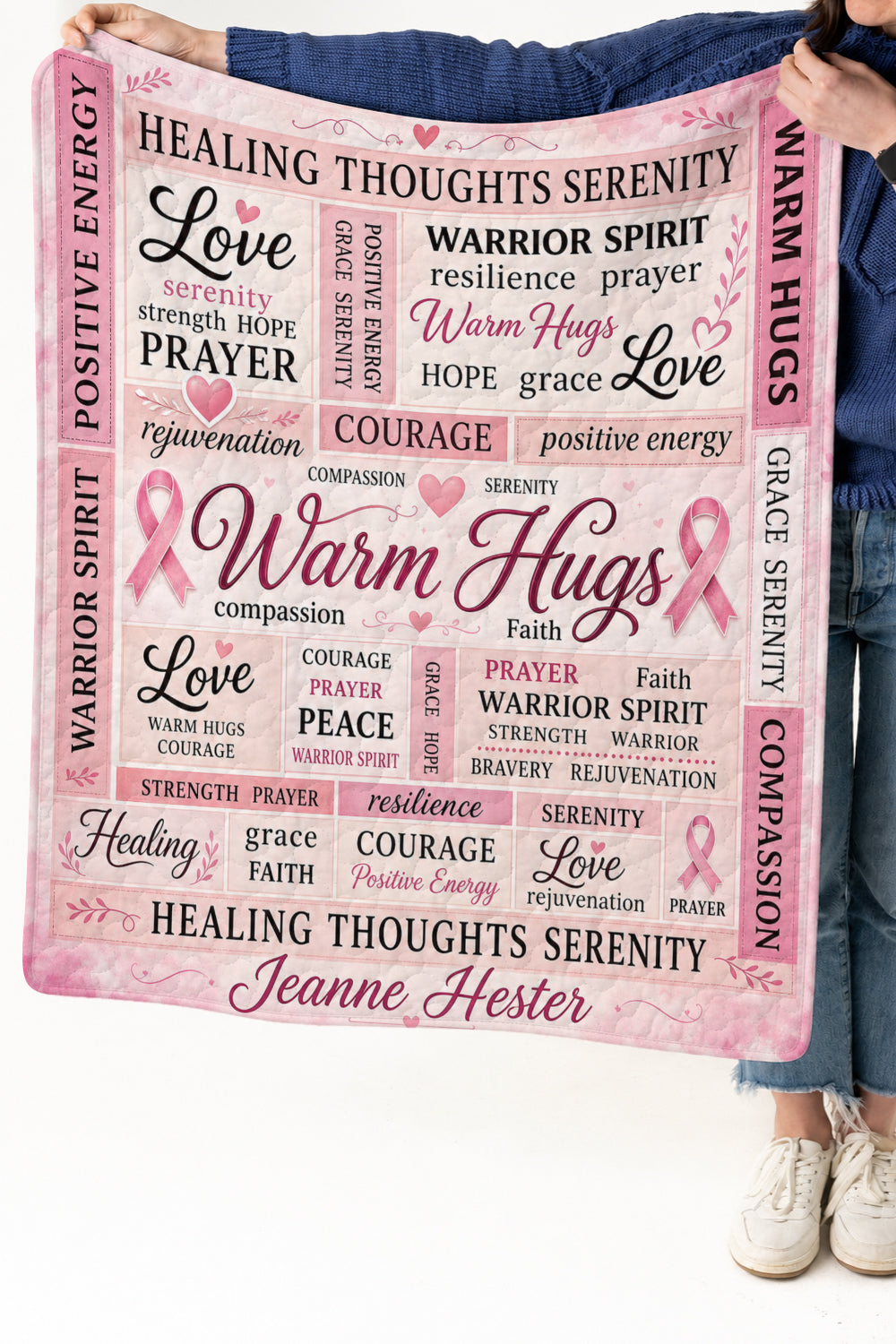 Warm Hugs Pink Word Collage Quilt Blanket