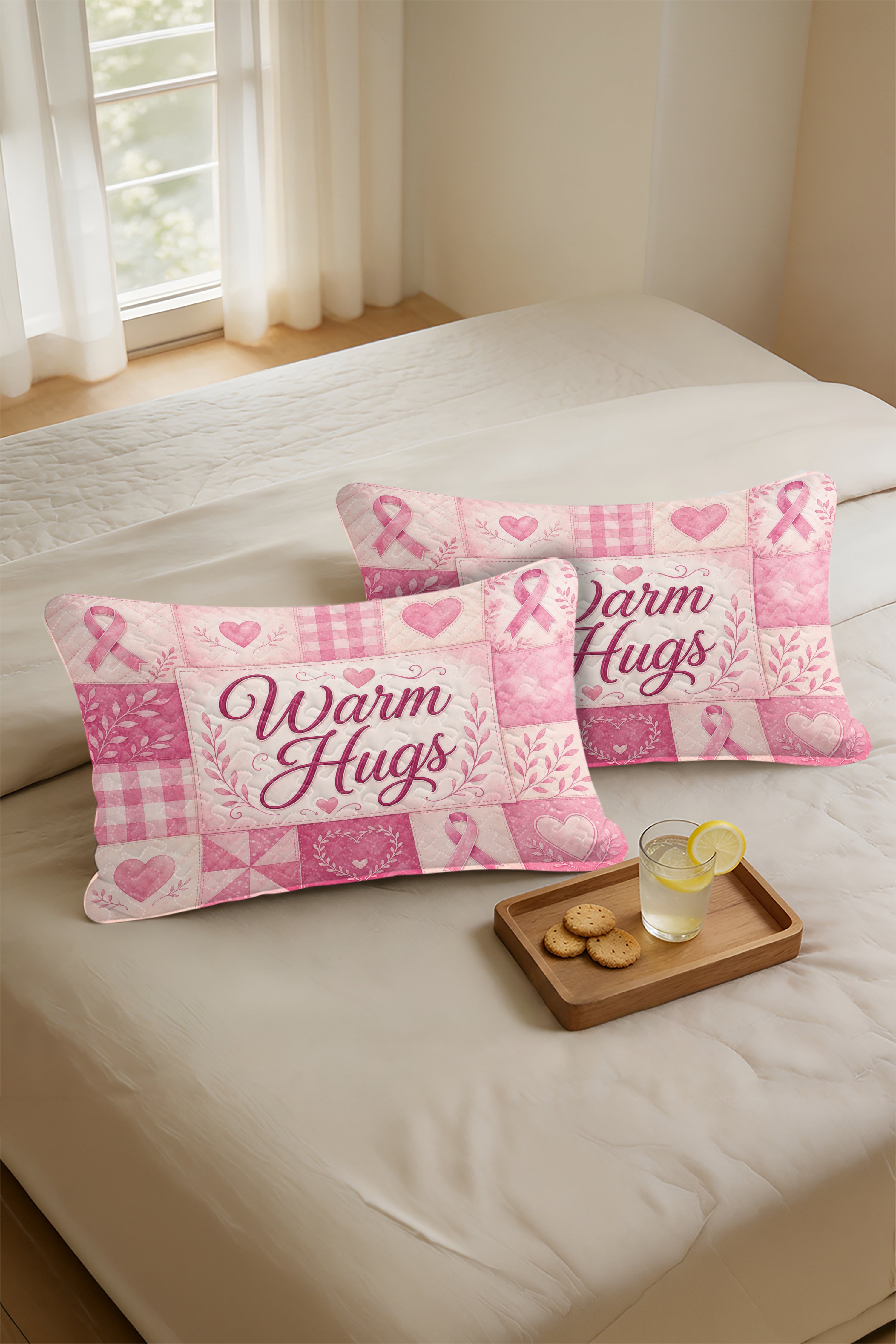 Warm Hugs Pink Word Collage Quilt Pillows