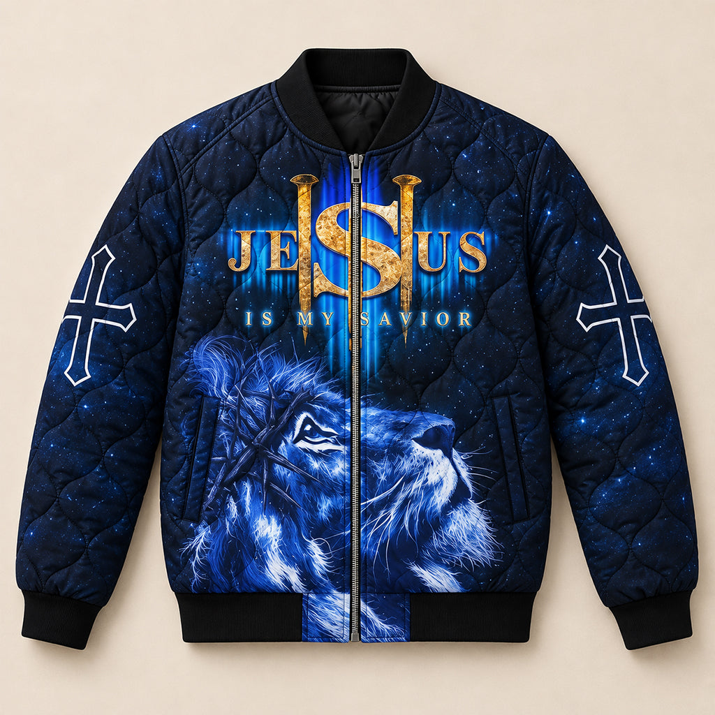 Midnight Lion Savior Quilted Bomber Jacket