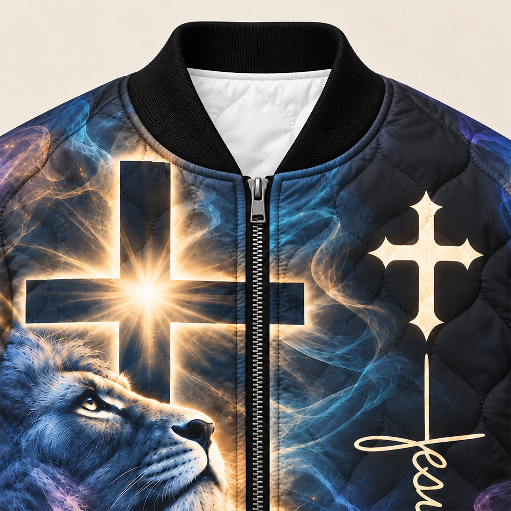 Way Maker Lion Cross Quilted Bomber Jacket