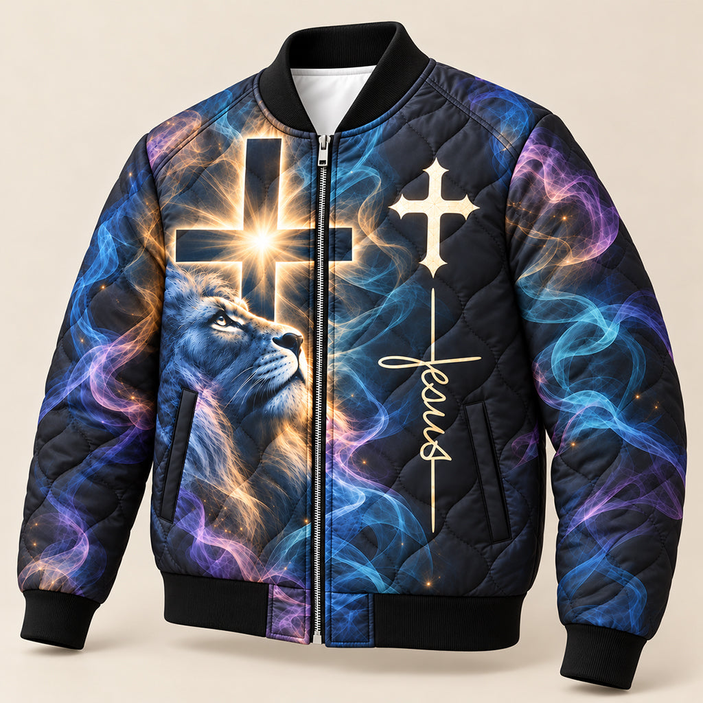 Way Maker Lion Cross Quilted Bomber Jacket
