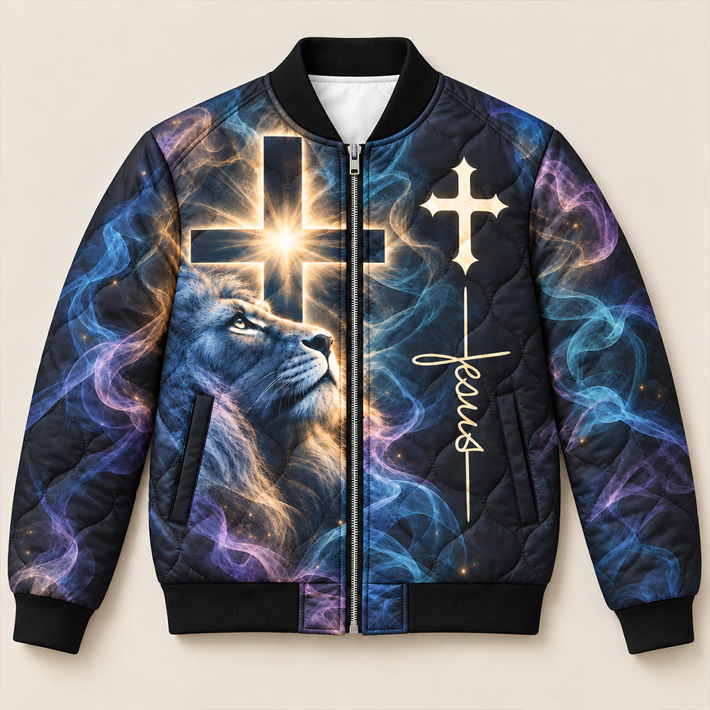 Way Maker Lion Cross Quilted Bomber Jacket – view 5