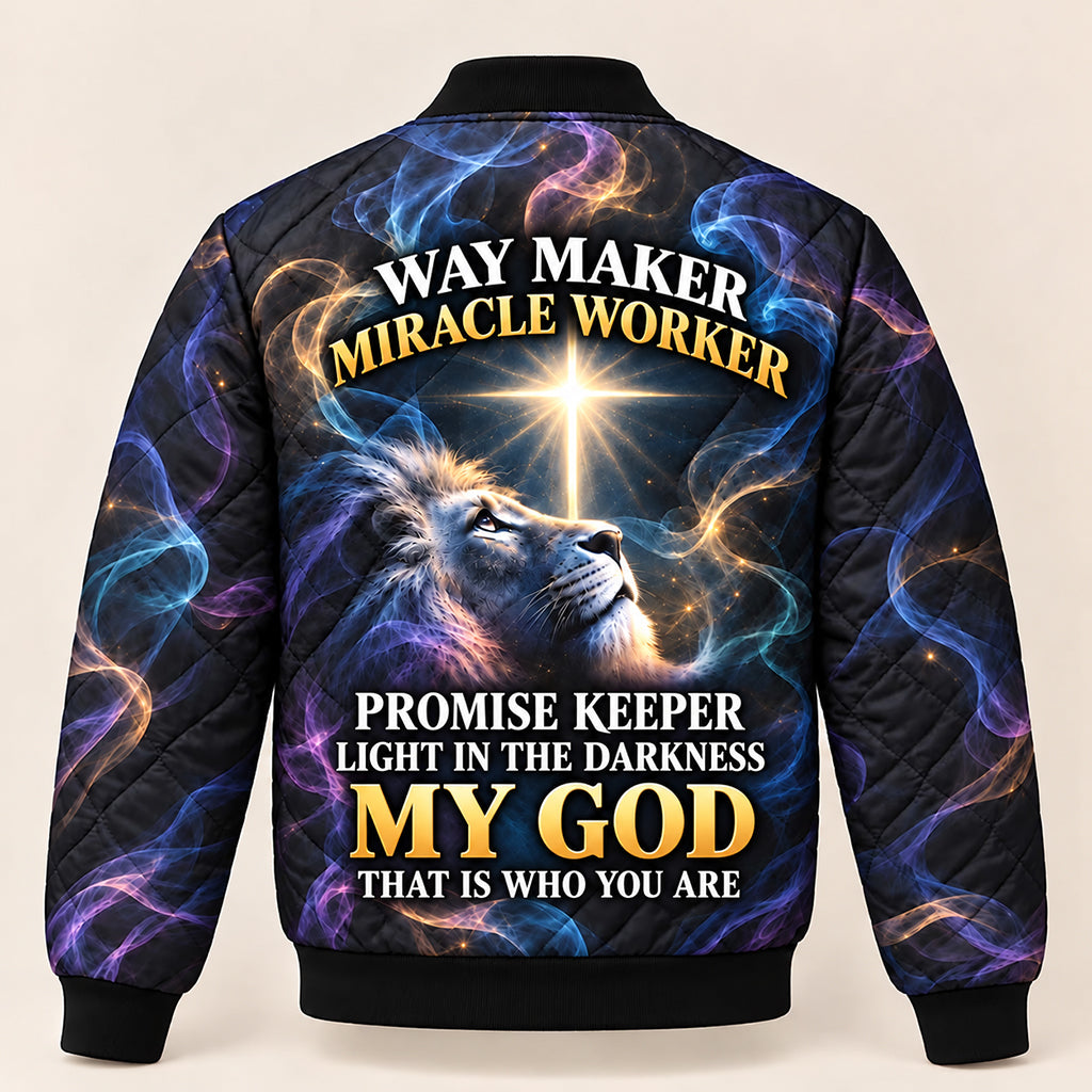 Way Maker Lion Cross Quilted Bomber Jacket