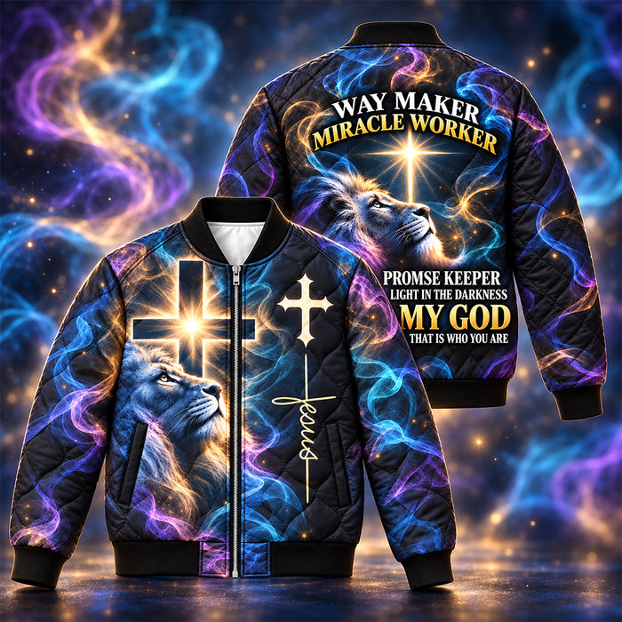 Way Maker Lion Cross Quilted Bomber Jacket