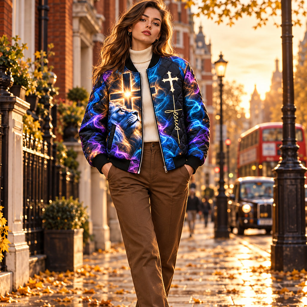 Way Maker Lion Cross Quilted Bomber Jacket